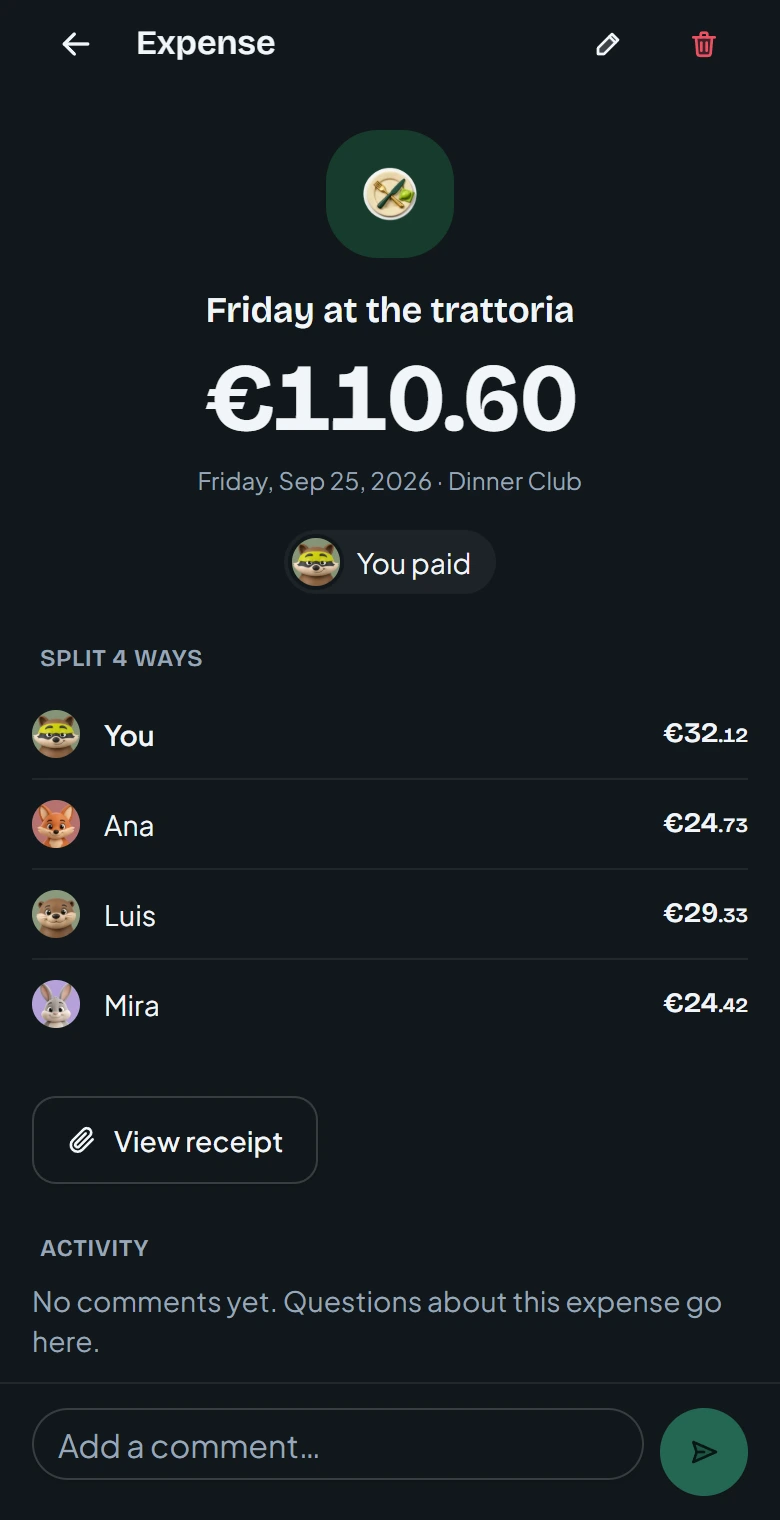 The app calculates exact dinner shares: you €32.12, Ana €24.73, Luis €29.33 and Mira €24.42.
