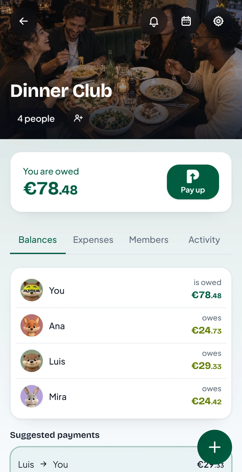 Current Dinner Club: you covered €110.60 and are owed €78.48 by Ana, Luis and Mira.