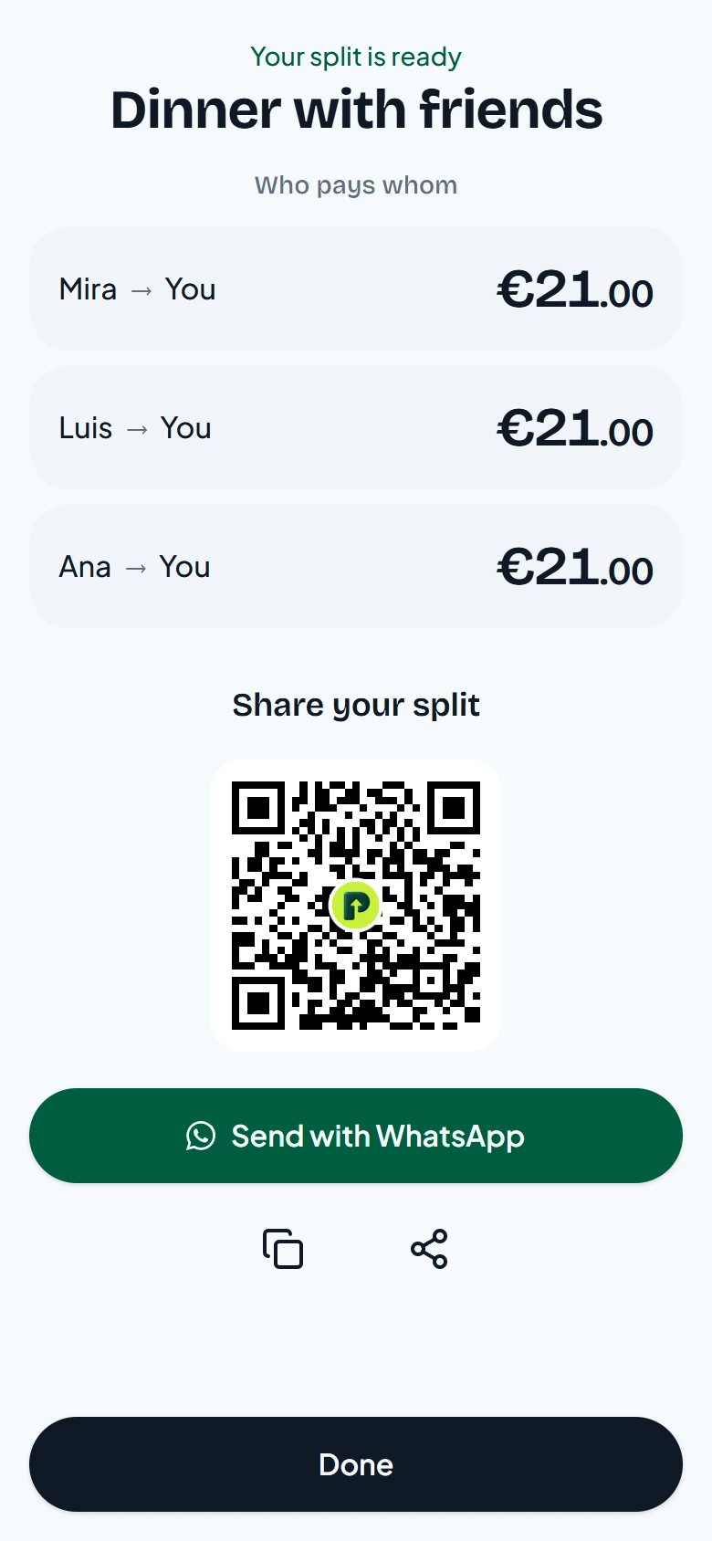 The current share screen, showing who pays whom and a QR code for sharing the split.